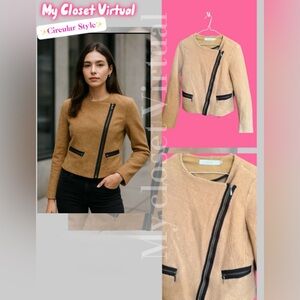 Simons Camel Asymmetrical Zip Leather Jacket